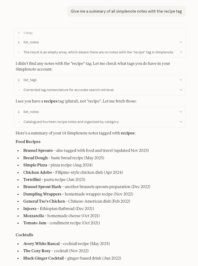The image shows a Claude query of "Give me a summary of all Simplenote notes with the recipes tag". Claude responds with a list of recipe notes.