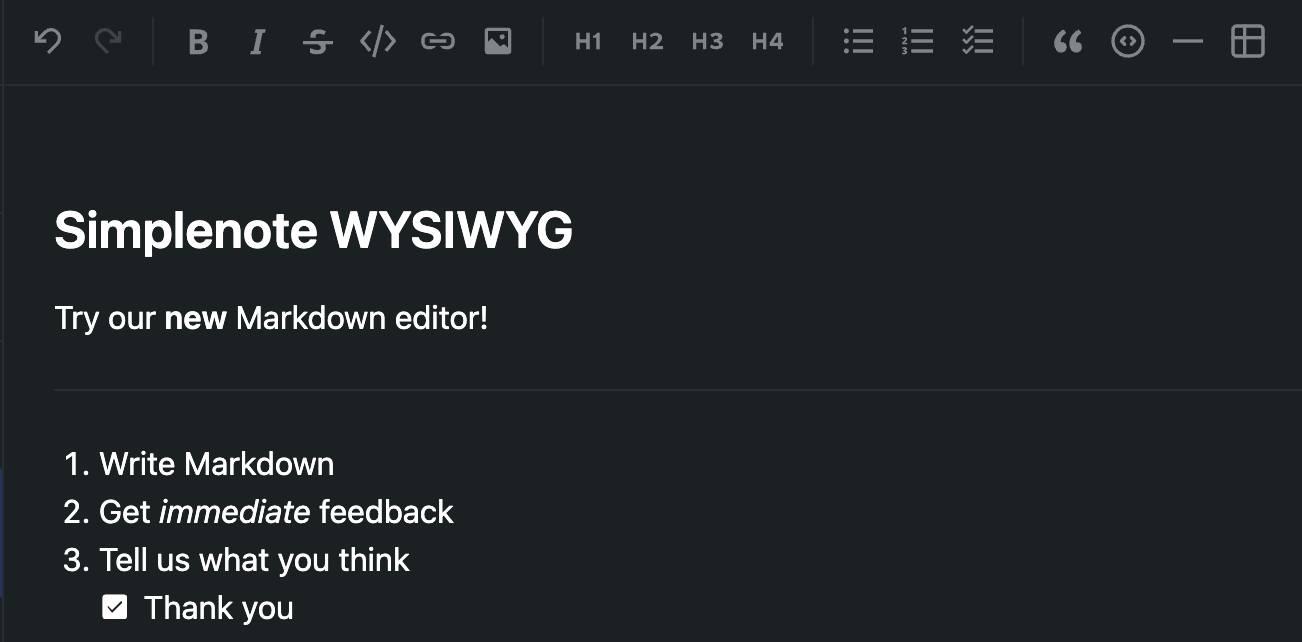 Simplenote WYSIWYG Markdown editor demo screenshot